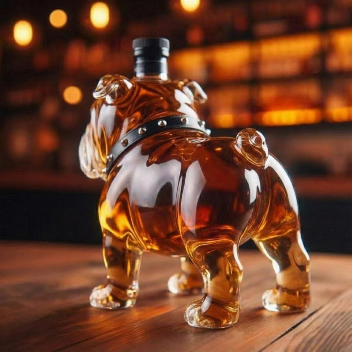 Rear three-quarter view of the Kouvr Bulldog scotch decanter, highlighting its solid glass construction and unique animal shape.