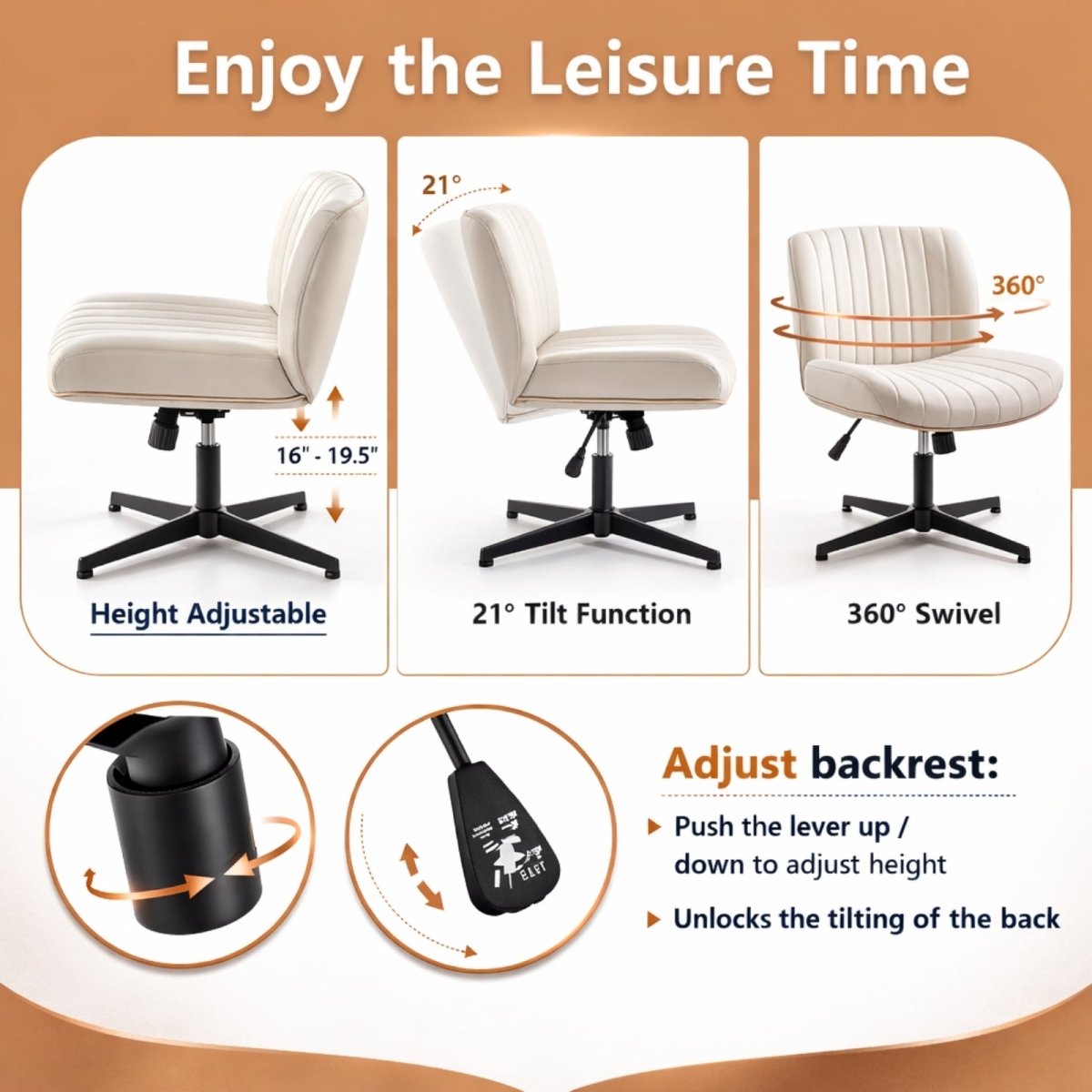 Diagram highlighting 21-degree tilt, 360 swivel, and height adjustability features of the Kouvr armless chair. 