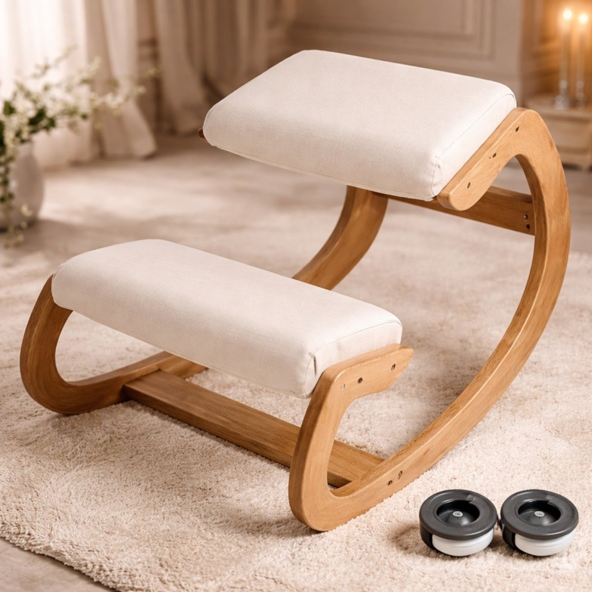 The Kouvr ergonomic rocking kneeling chair with a natural birch wood frame and off-white linen cushions, shown on a cream rug in a brightly lit room.
