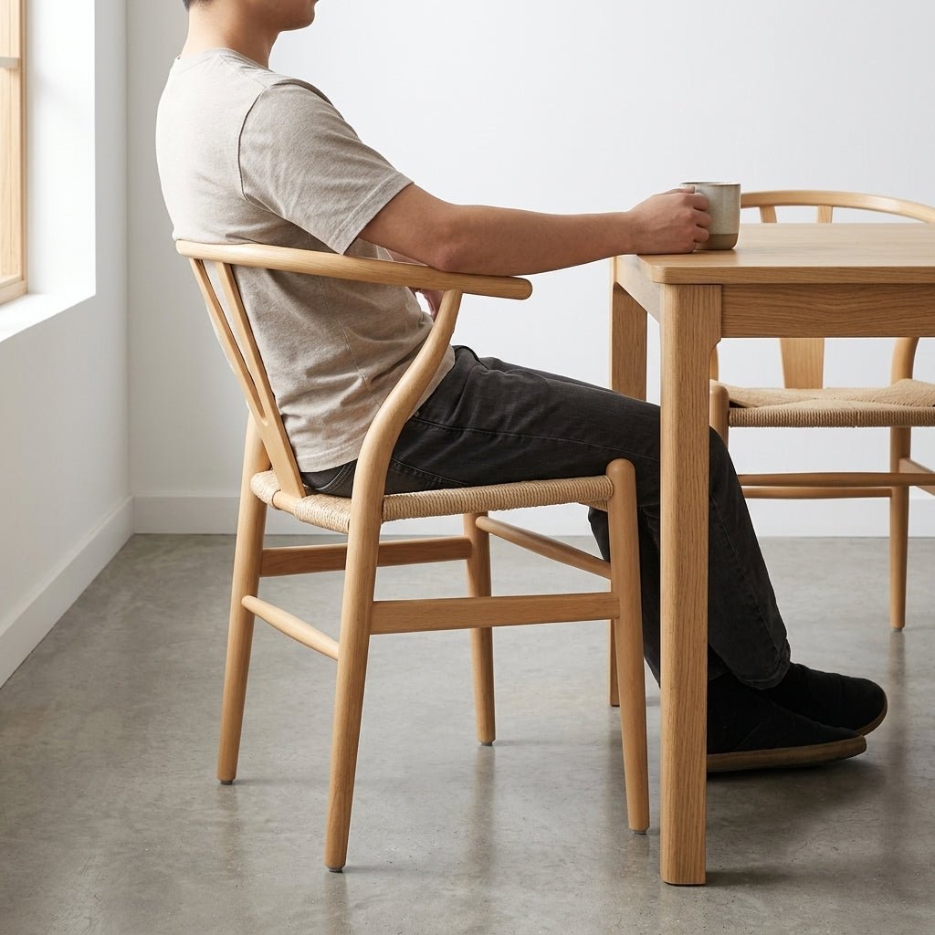 Profile view of a man sitting comfortably in an ergonomic curved back wooden dining chair at a matching natural wood dining table.