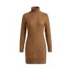 Front product shot of the Kouvr Erza long-sleeve cable-knit turtleneck dress in a rich camel color on a light grey background.