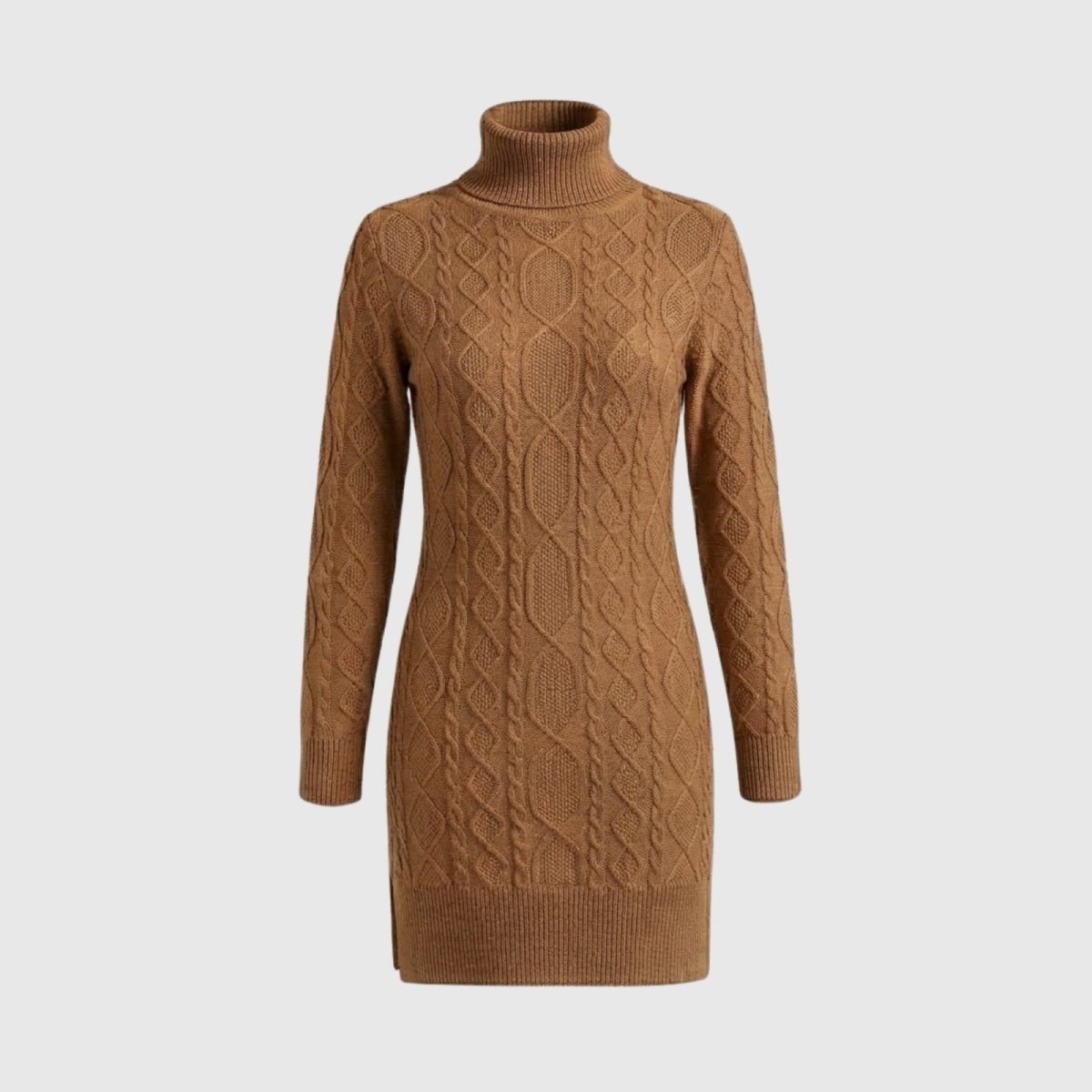 Front product shot of the Kouvr Erza long-sleeve cable-knit turtleneck dress in a rich camel color on a light grey background.