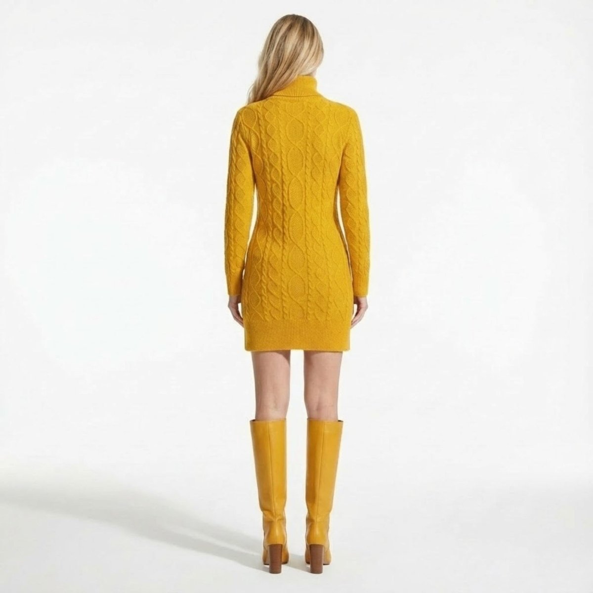 Back view of a model in a slim-fit erza yellow cable-knit turtleneck sweater dress from Kouvr, showing the continuous knit pattern.