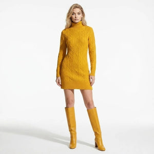 Women's Cable Knit Turtleneck Sweater Dress Long Sleeve Merino Wool Mini Dress Bodycon Knitwear for Fall & Winter | Kouvr Fashion Women's Cable Knit Turtleneck Sweater Dress Long Sleeve Merino Wool Mini Dress Bodycon Knitwear for Fall & Winter | Kouvr Fashion