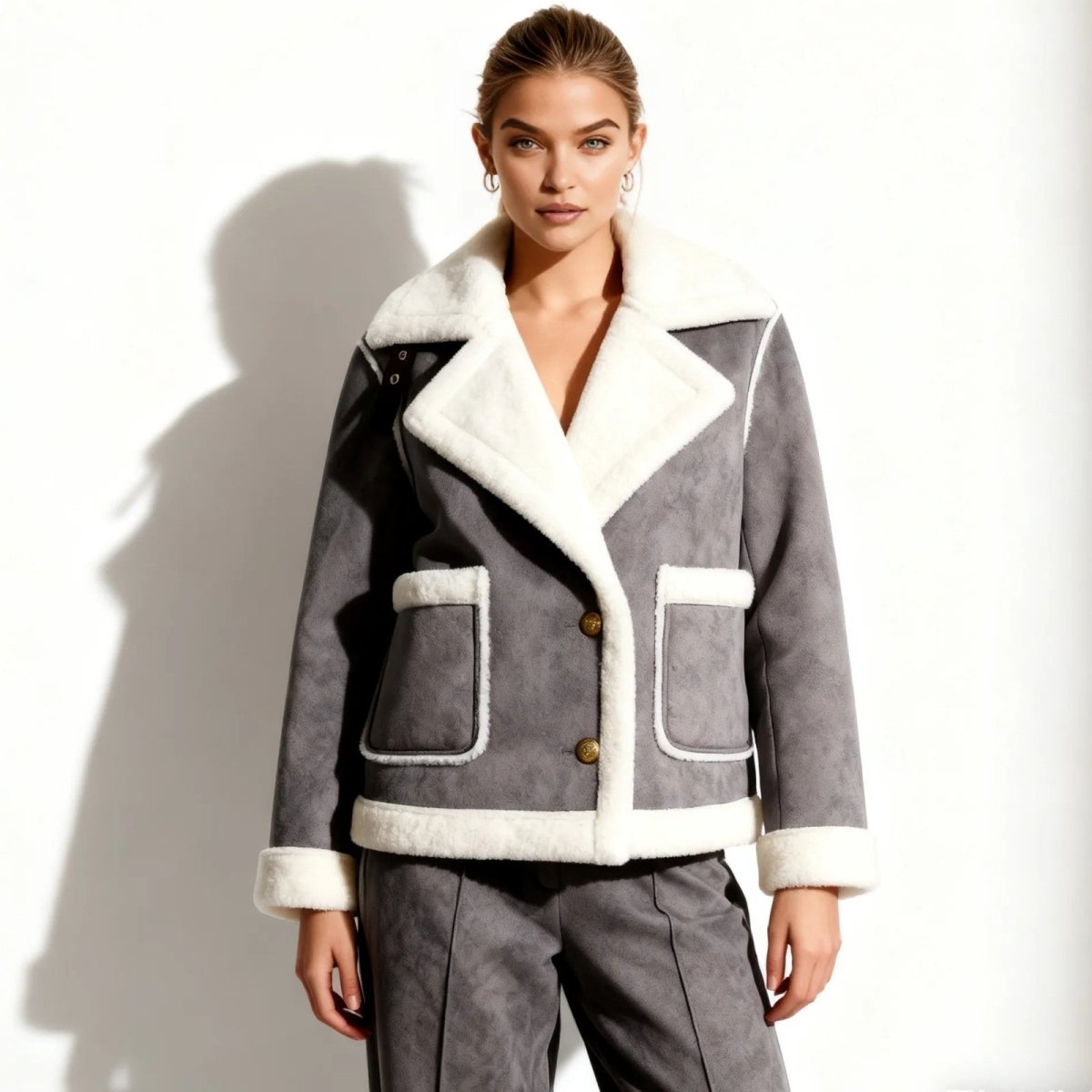Model wearing the Kouvr Esmeralda grey shearling aviator jacket with a white faux fur collar, looking directly at the camera against a white background.
