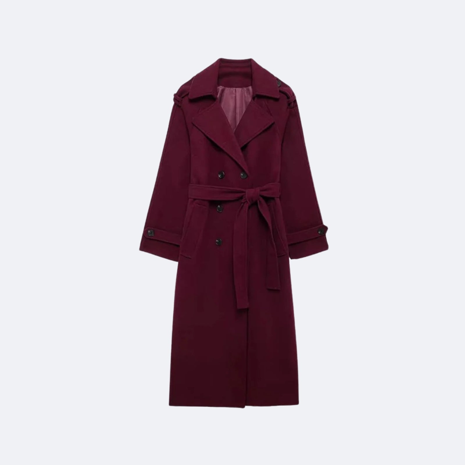 Flat lay product shot of the Kouvr Fashion Esther wool trench coat in burgundy, tied at the waist, showing its double-breasted buttons and wide lapels.