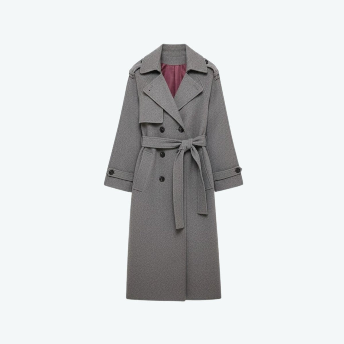 Studio product shot of the grey wool trench coat with the belt tied, showing the lapels and rich mulberry lining.