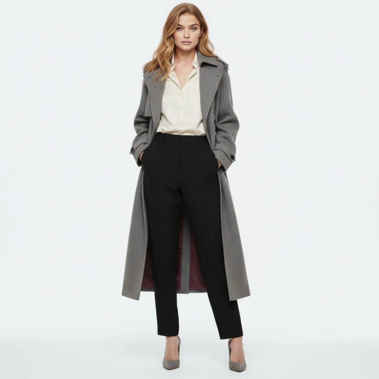Model wearing the Kouvr Esther long grey wool trench coat open, styled with a cream blouse and black trousers.