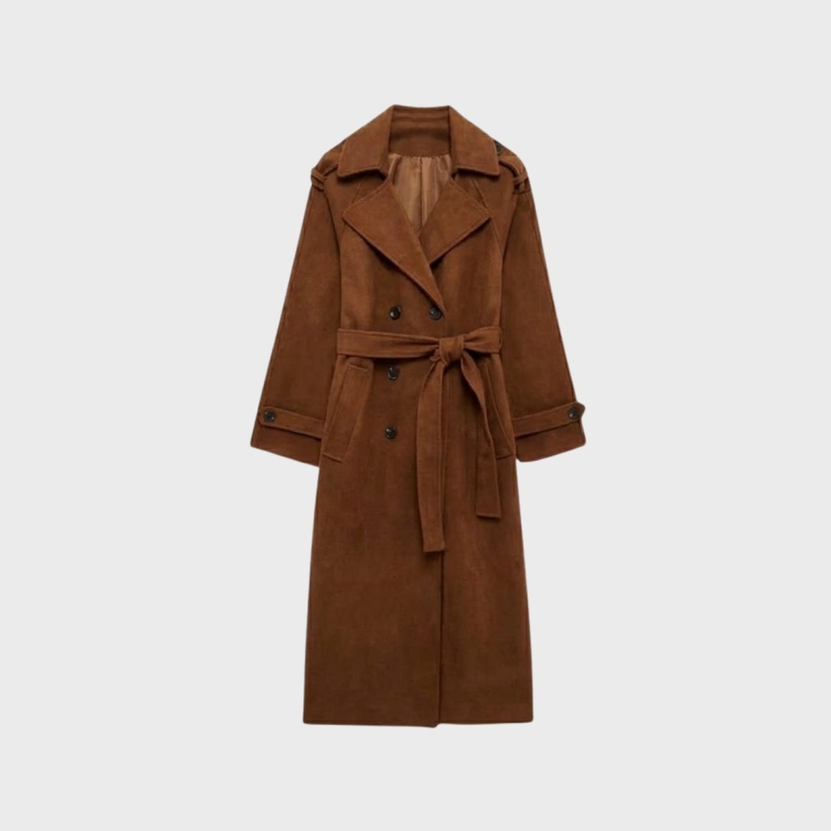 Product-only image of the double-breasted cognac brown suede trench coat with a tied belt against a neutral background.