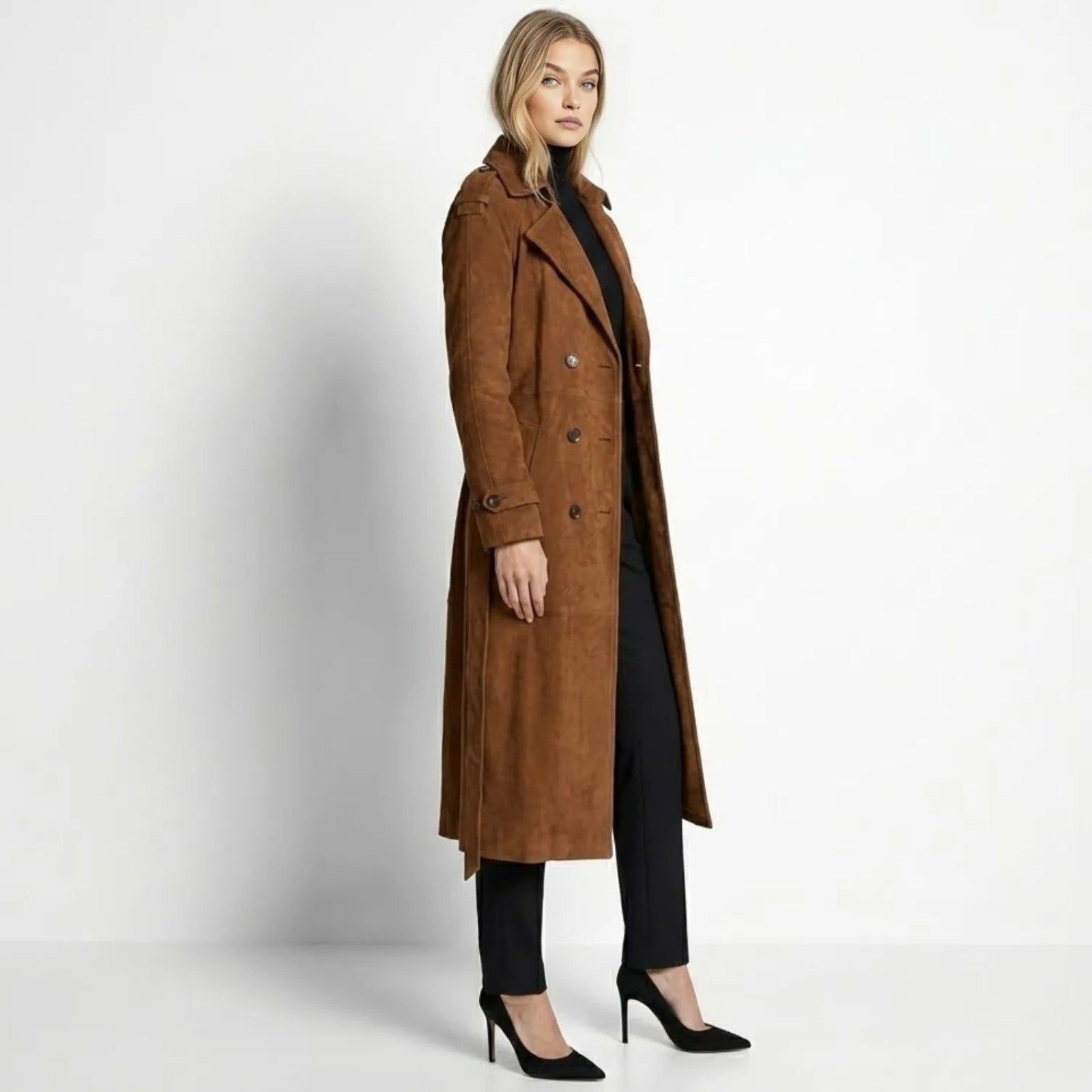 Side profile of a woman wearing the Kouvr Fashion cognac suede trench coat, showing its long, elegant silhouette.
