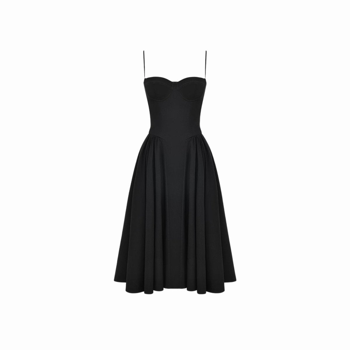 High-quality studio photo of the Kouvr Evdokia black midi dress on a white background, front view.