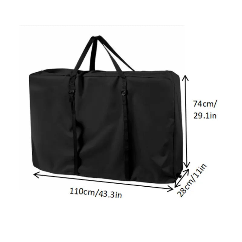 Exact sizing measurements of the Kouvr extra large black duffel bag displayed as 43.3 inches long by 29.1 inches high by 11 inches wide.