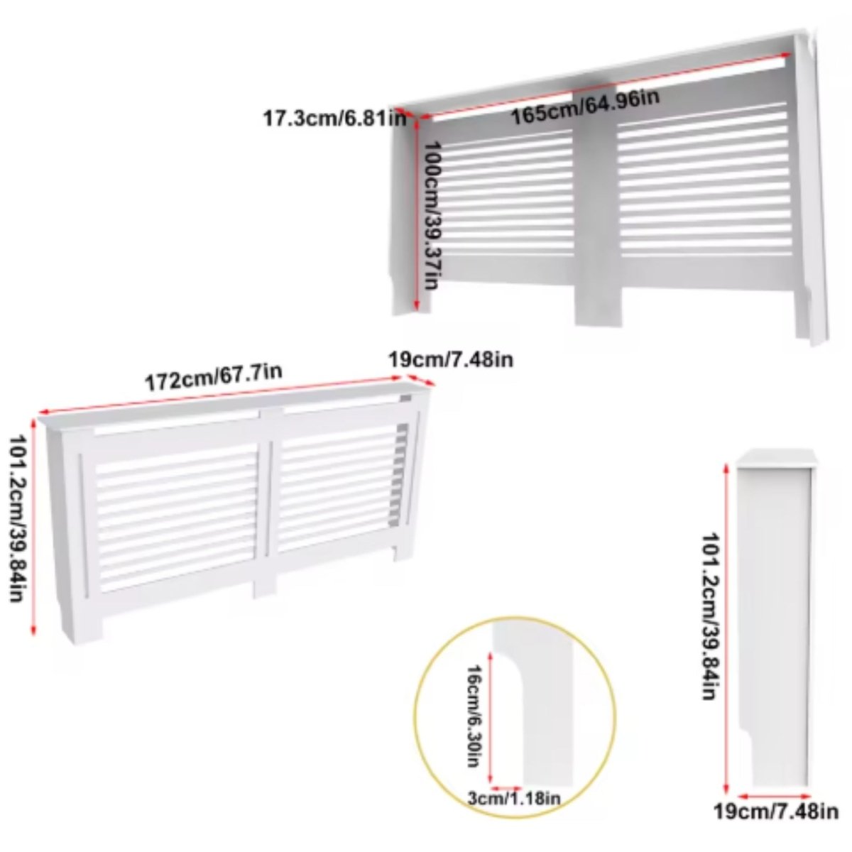 Technical diagram showing the external and internal dimensions in both inches and centimeters for the extra-large Kouvr modern radiator cover.