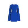 Woman wearing Kouvr Fashion's Eya blue mock neck bodycon dress with sheer cape sleeves