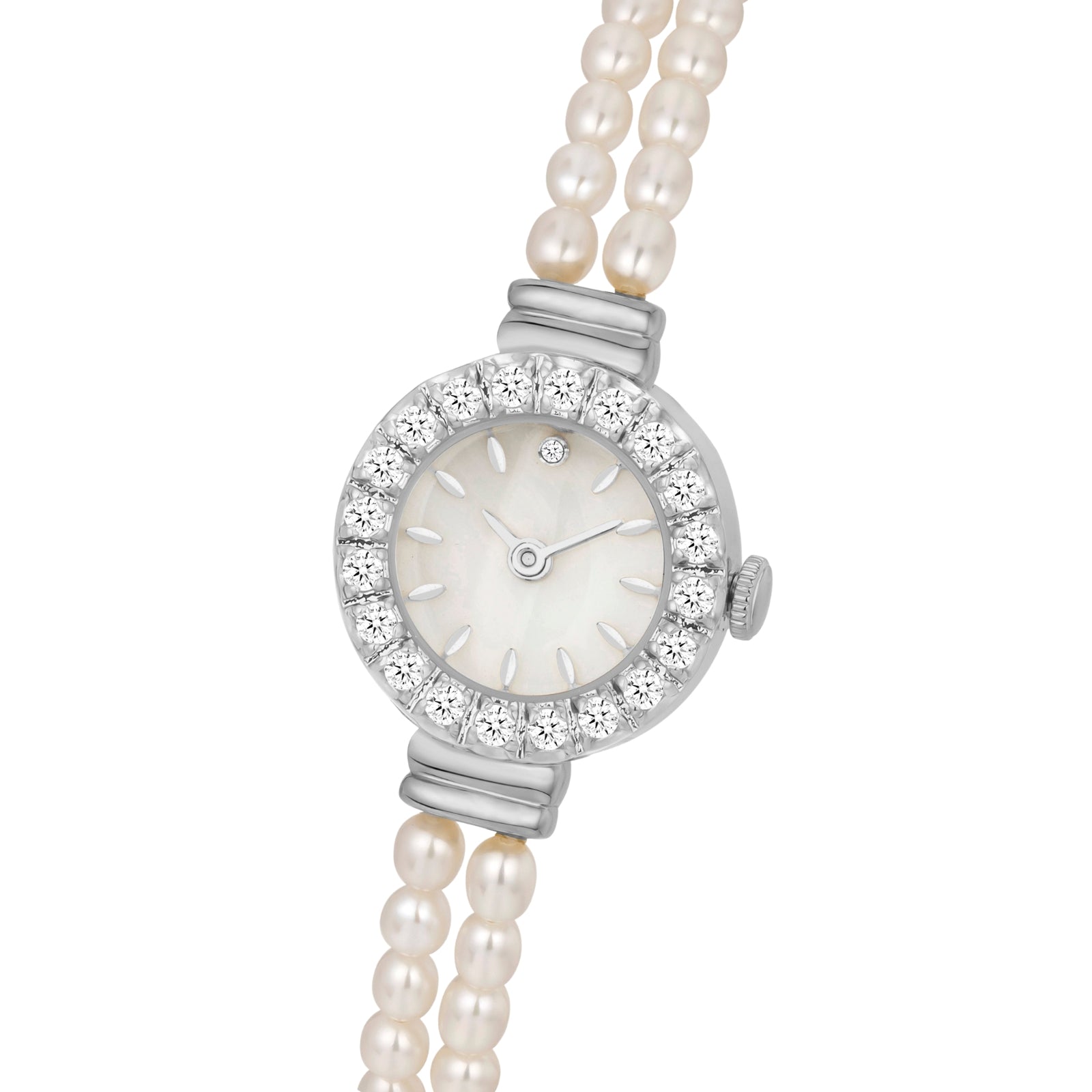 Silver kouvr watch with pearl strap on a white background