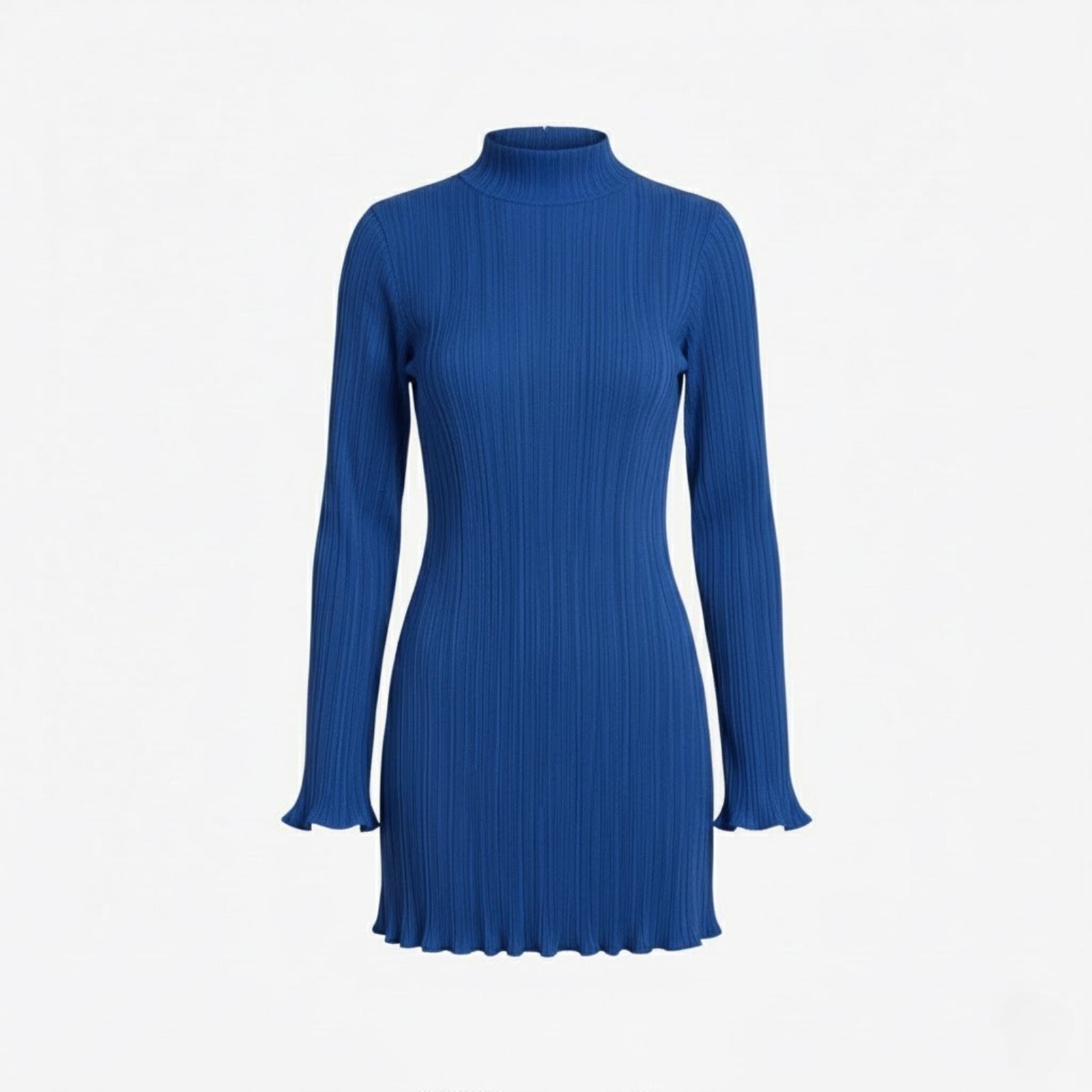 Front view of the Kouvr Fashion Agathe royal blue long sleeve ribbed dress on a white background, showing texture and shape.