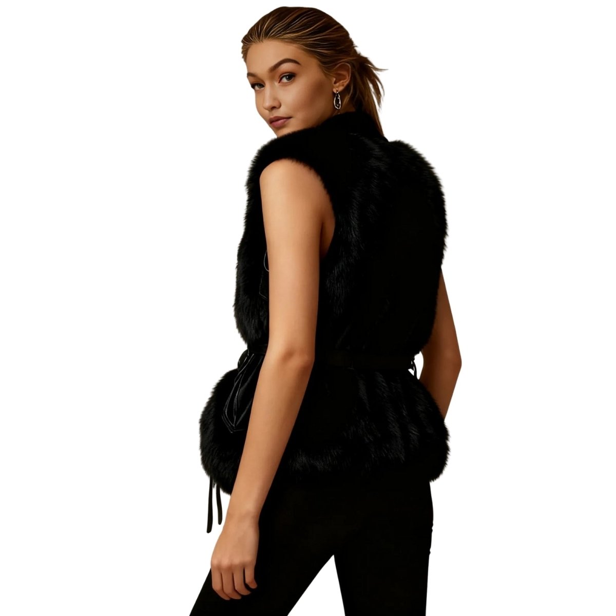 Woman wearing a black Kouvr fur vest on a white background