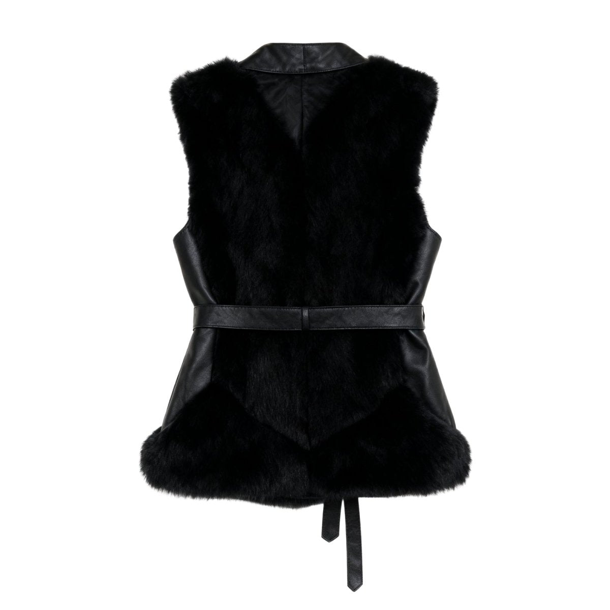 Black Kouvr fur vest with leather belt on a white background