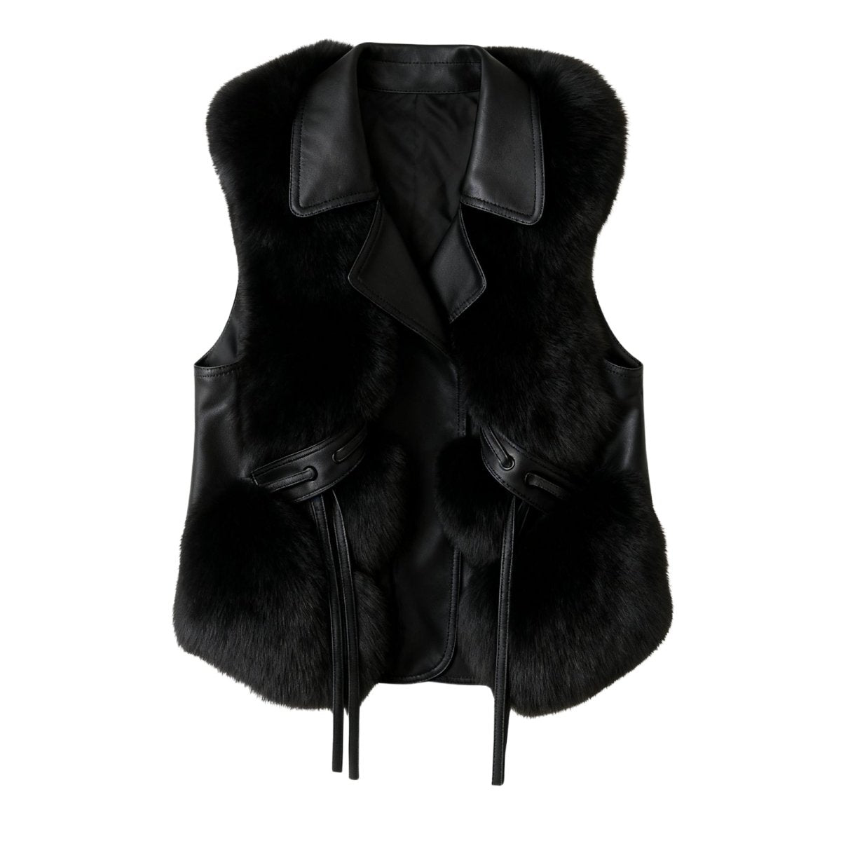 Black Kouvr fur vest with a bow on a white background