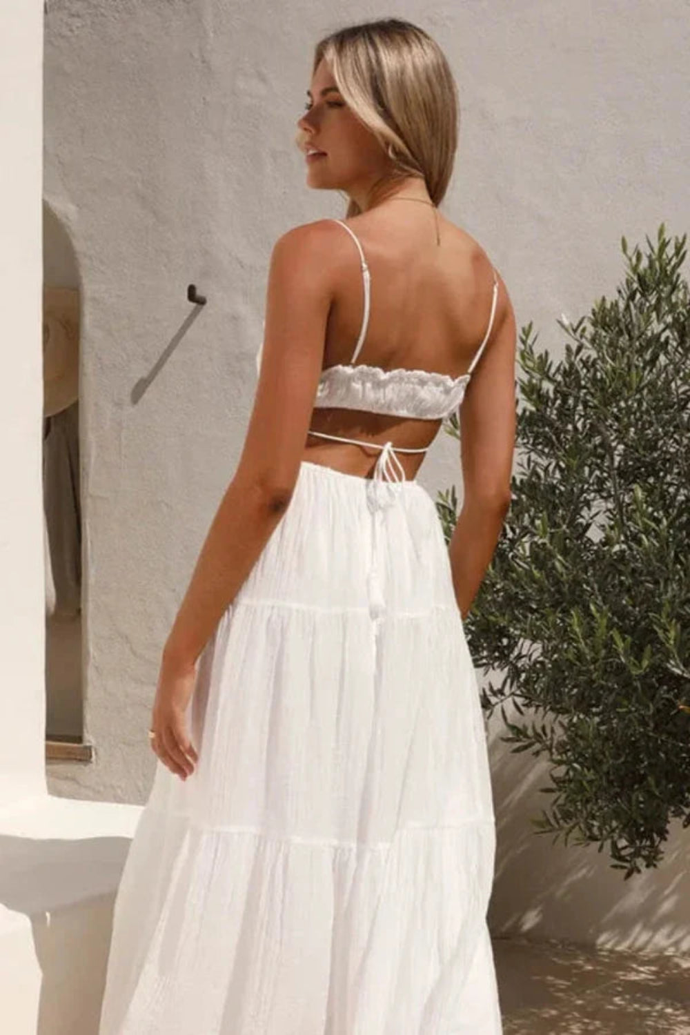 Grecian style dress," "resort wear for women," "open back sundress," "smocked bodice dress," "vacation outfit," "lightweight cotton dress," "Mykonos style," and "bridal shower dress