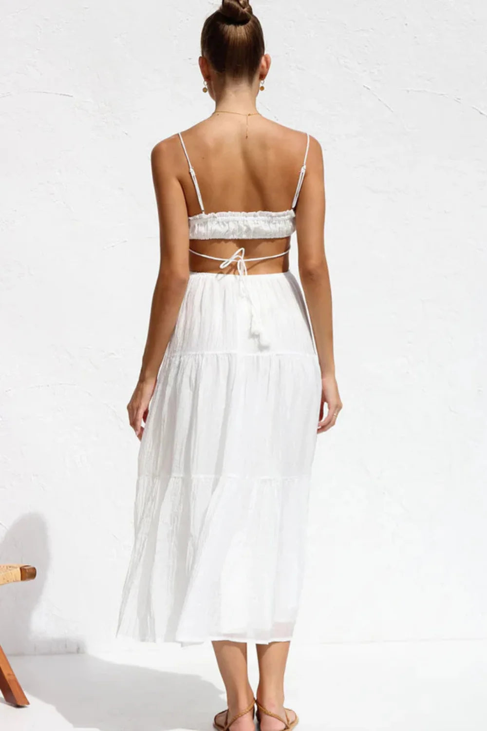 Grecian style dress," "resort wear for women," "open back sundress," "smocked bodice dress," "vacation outfit," "lightweight cotton dress," "Mykonos style," and "bridal shower dress