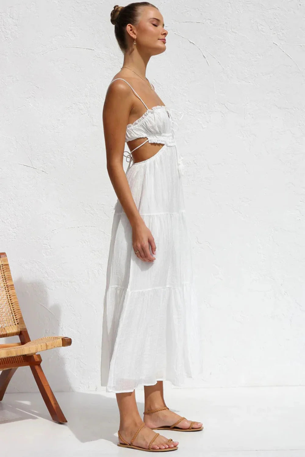 Grecian style dress," "resort wear for women," "open back sundress," "smocked bodice dress," "vacation outfit," "lightweight cotton dress," "Mykonos style," and "bridal shower dress