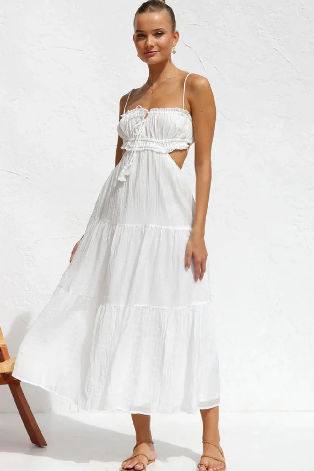 Grecian style dress," "resort wear for women," "open back sundress," "smocked bodice dress," "vacation outfit," "lightweight cotton dress," "Mykonos style," and "bridal shower dress