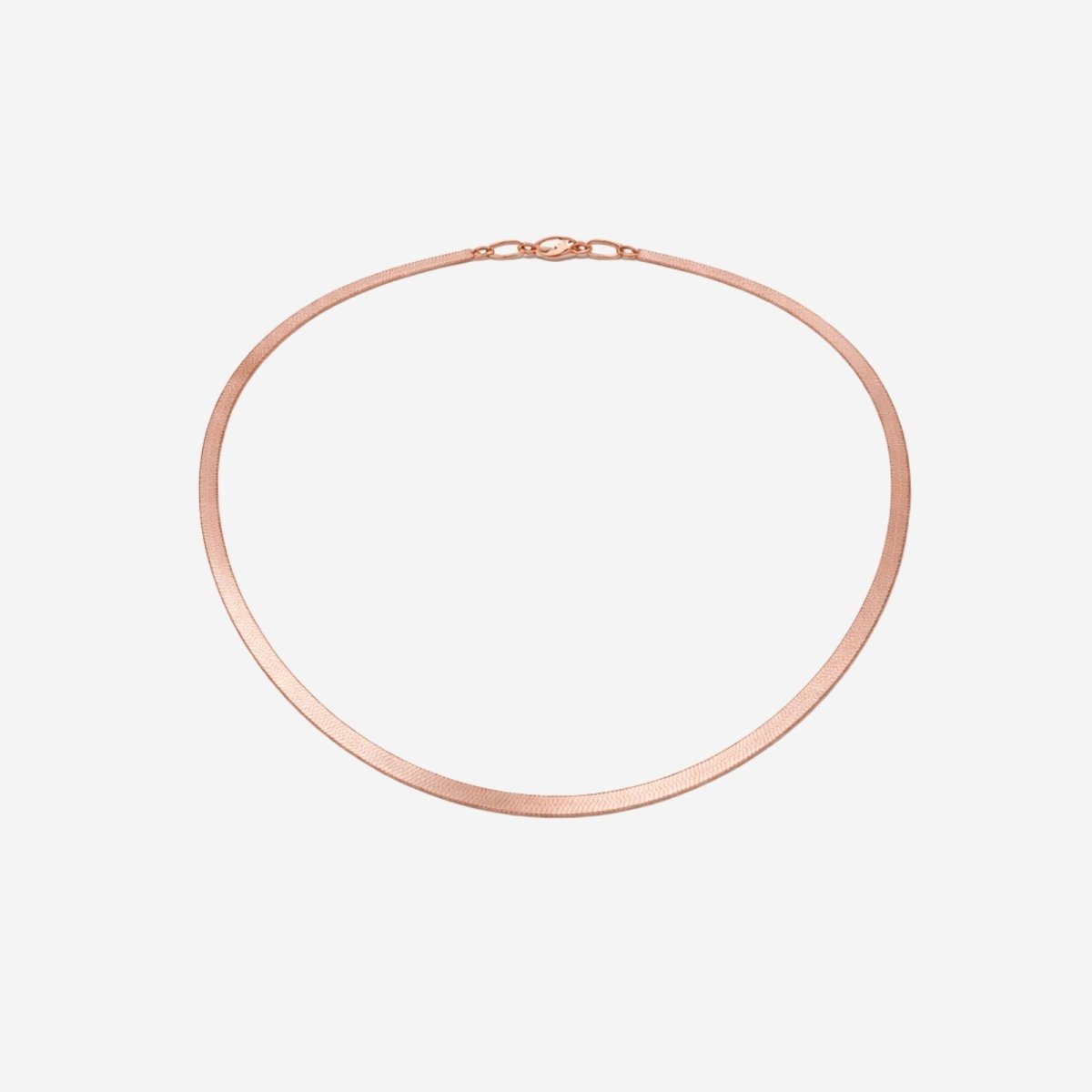 The Amelie Rose Gold Snake Chain Necklace by Kouvr Fashion, a flat herringbone choker with 18k gold plating, shown on a white background.