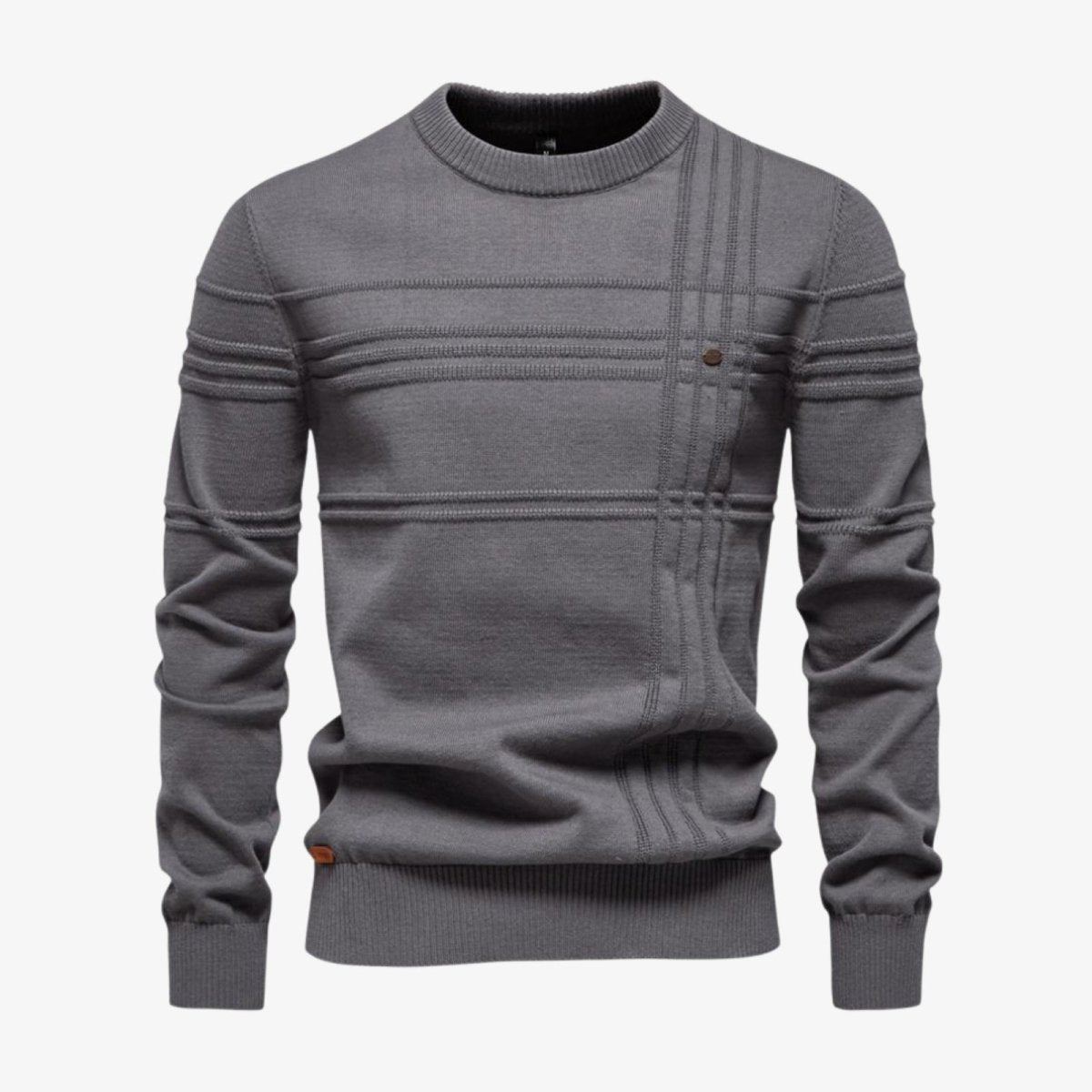 Product shot of the Kouvr Fashion Ander heather grey crewneck sweater, highlighting the architectural stitched panel design on the chest.