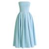 Model wearing the Kouvr Fashion Aneri sky blue strapless A-line midi dress with pleated skirt