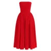 Model wearing the Kouvr Fashion Aneri red strapless formal midi dress