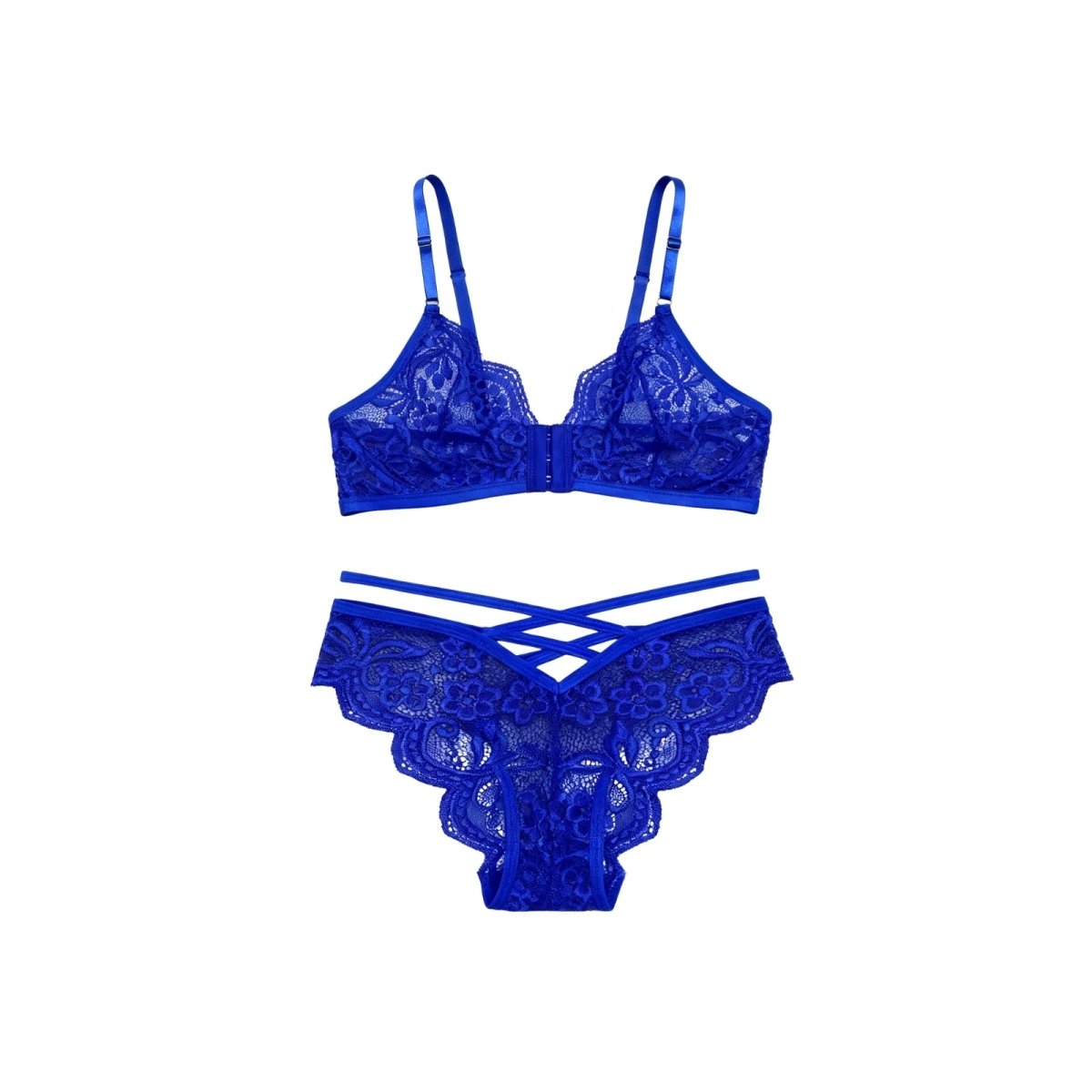 Blue Kouvr lace lingerie set on a white background
