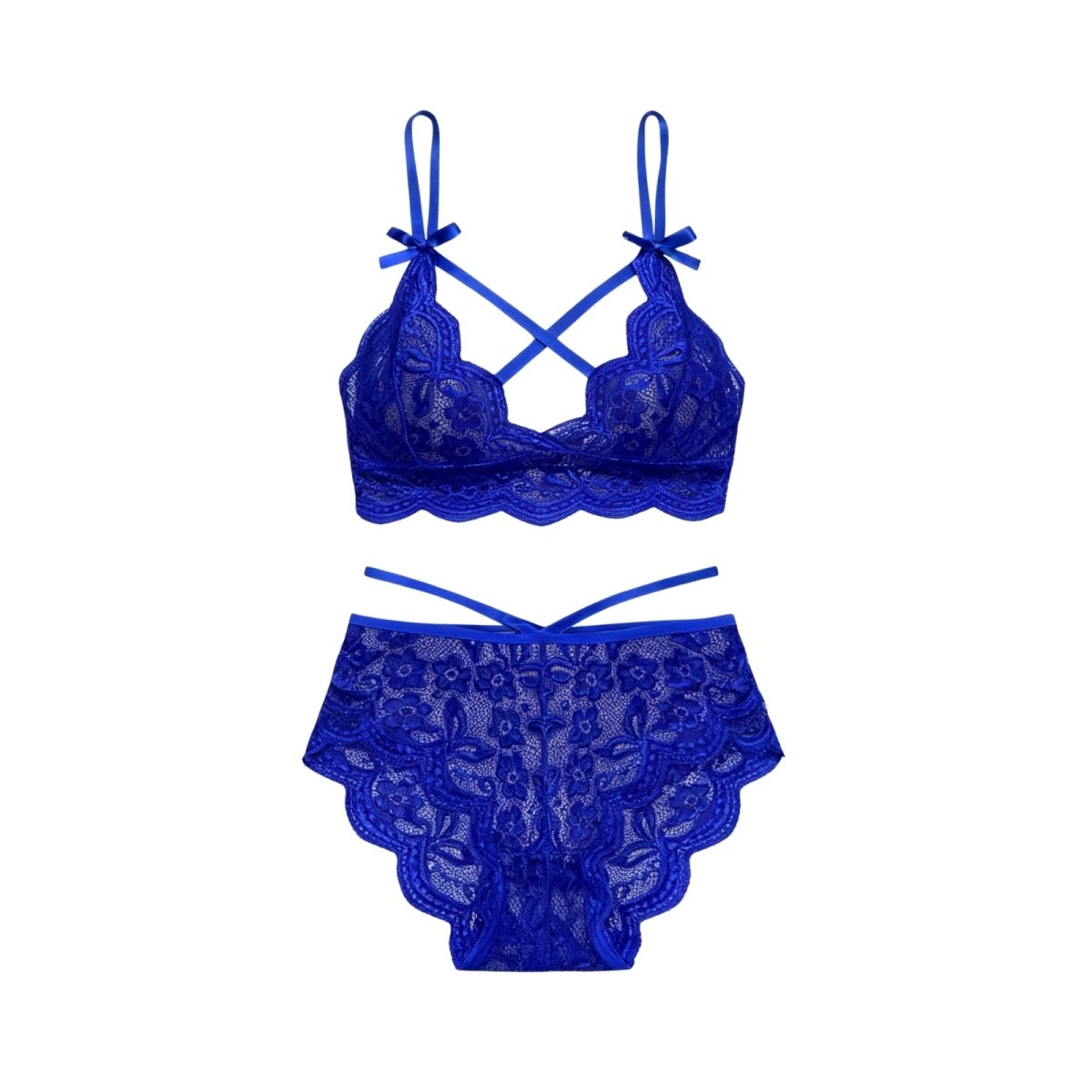 Blue Kouvr lace lingerie set on a white background