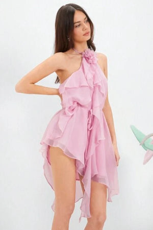 open lace back dress Anneliese Ruffle Halter Romper Dress in Dusty Rose | Asymmetrical Chiffon  with 3D Flower | Ethereal Cocktail Party Outfit