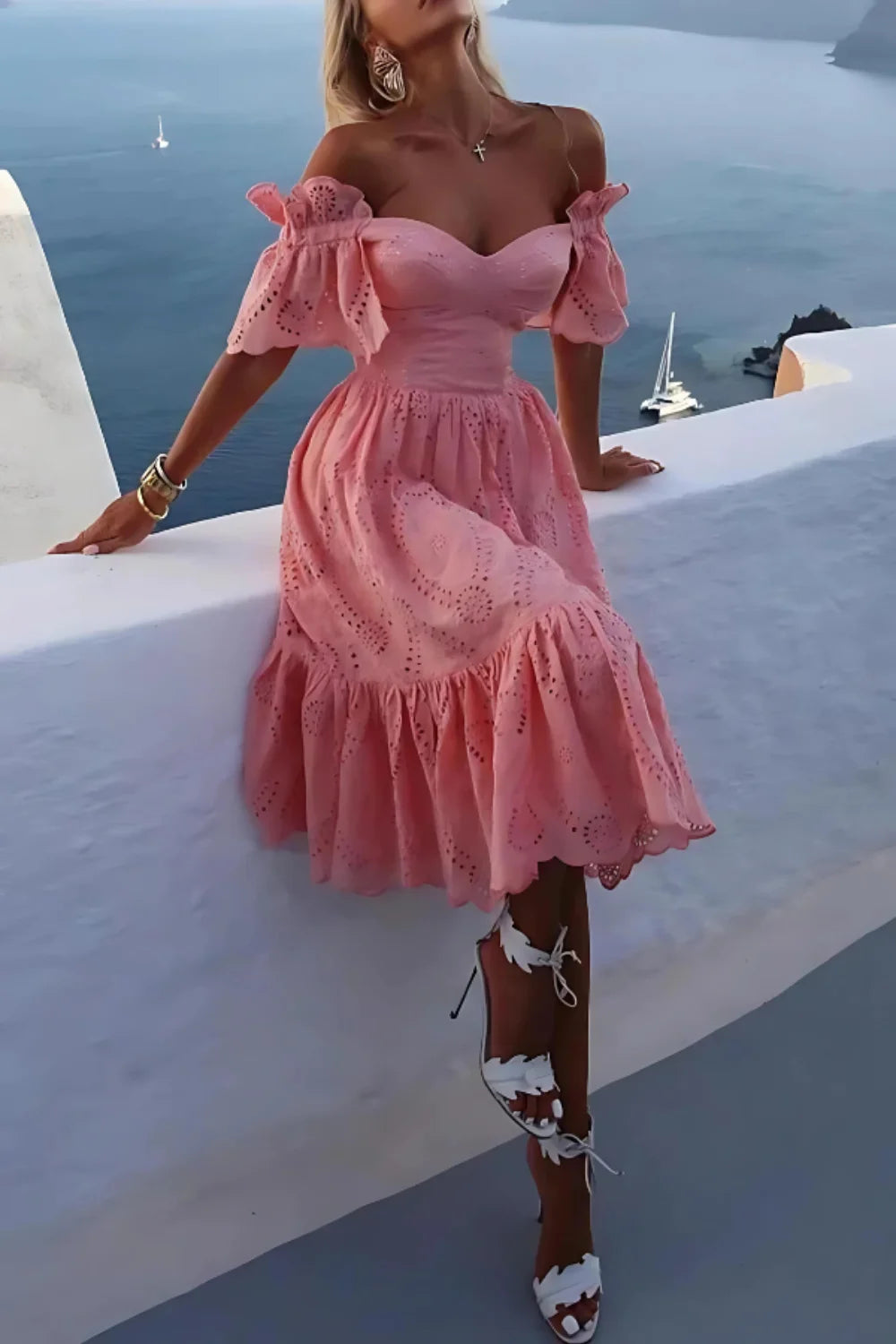 Kouvr Fashion Pink Annie Off-Shoulder Midi Dress with Ruffle Sleeves
