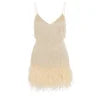 Model from the back wearing the Kouvr Fashion apricot mini dress with spaghetti straps, sequin fringe, and a feather hem
