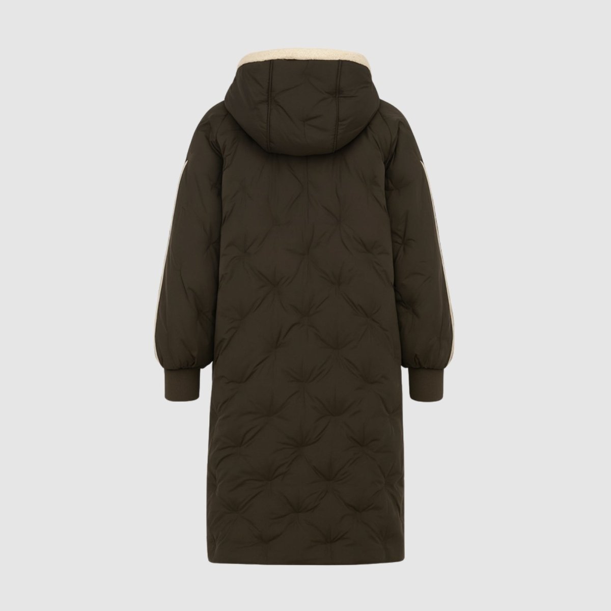 Back view flat lay of the Kouvr Arianne black parka, highlighting the construction of the hood, sleeves with rib-knit cuffs, and overall shape.