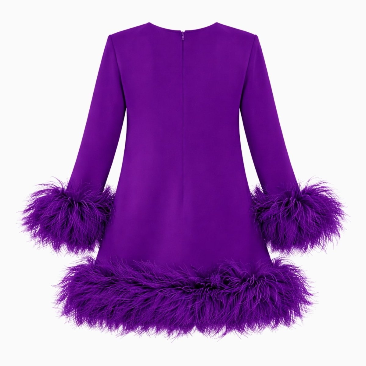 Product flat lay showing the back and zipper detail of the Kouvr Fashion Arica purple feather cocktail dress.