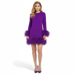 Feather Trim Mini Dress Long Sleeve Cocktail Party Dress | Ostrich Feather Cuff Shift Dress for Women Evening Holiday Wedding Guest by Kouvr Fashion Feather Trim Mini Dress Long Sleeve Cocktail Party Dress | Ostrich Feather Cuff Shift Dress for Women Evening Holiday Wedding Guest by Kouvr Fashion