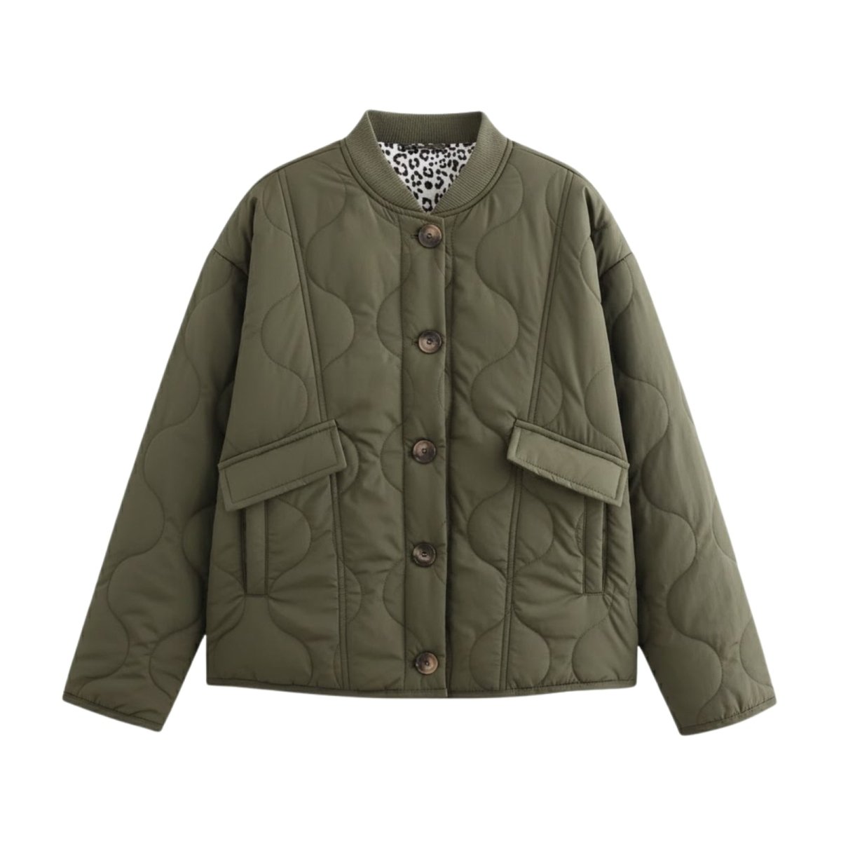 Flat lay of the Kouvr Fashion collarless quilted jacket in army green, showing the button-front closure and leopard print collar lining.