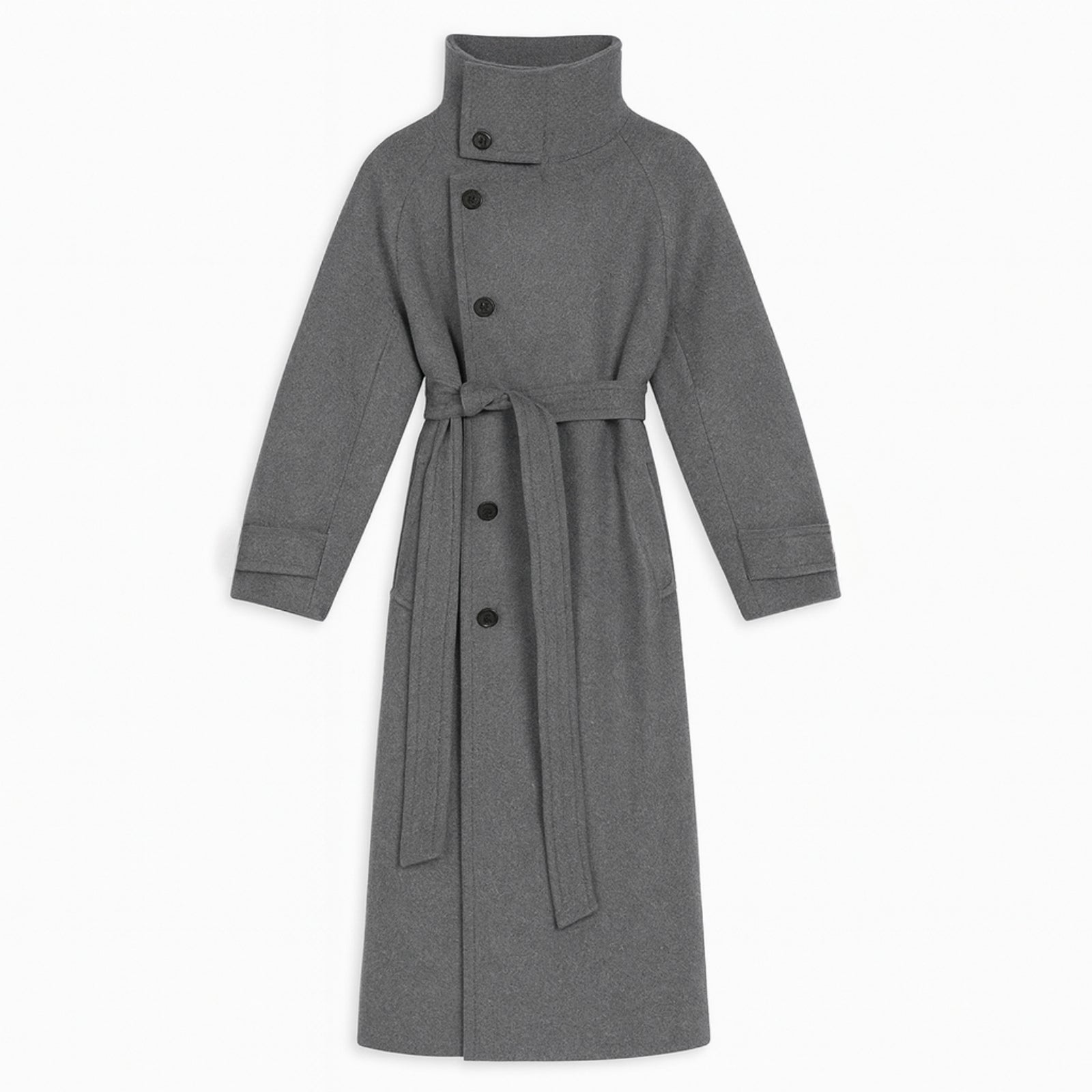 Flat lay of the grey funnel neck wool coat, unbelted, displaying the rich texture of the Italian wool and the placement of the horn buttons.
