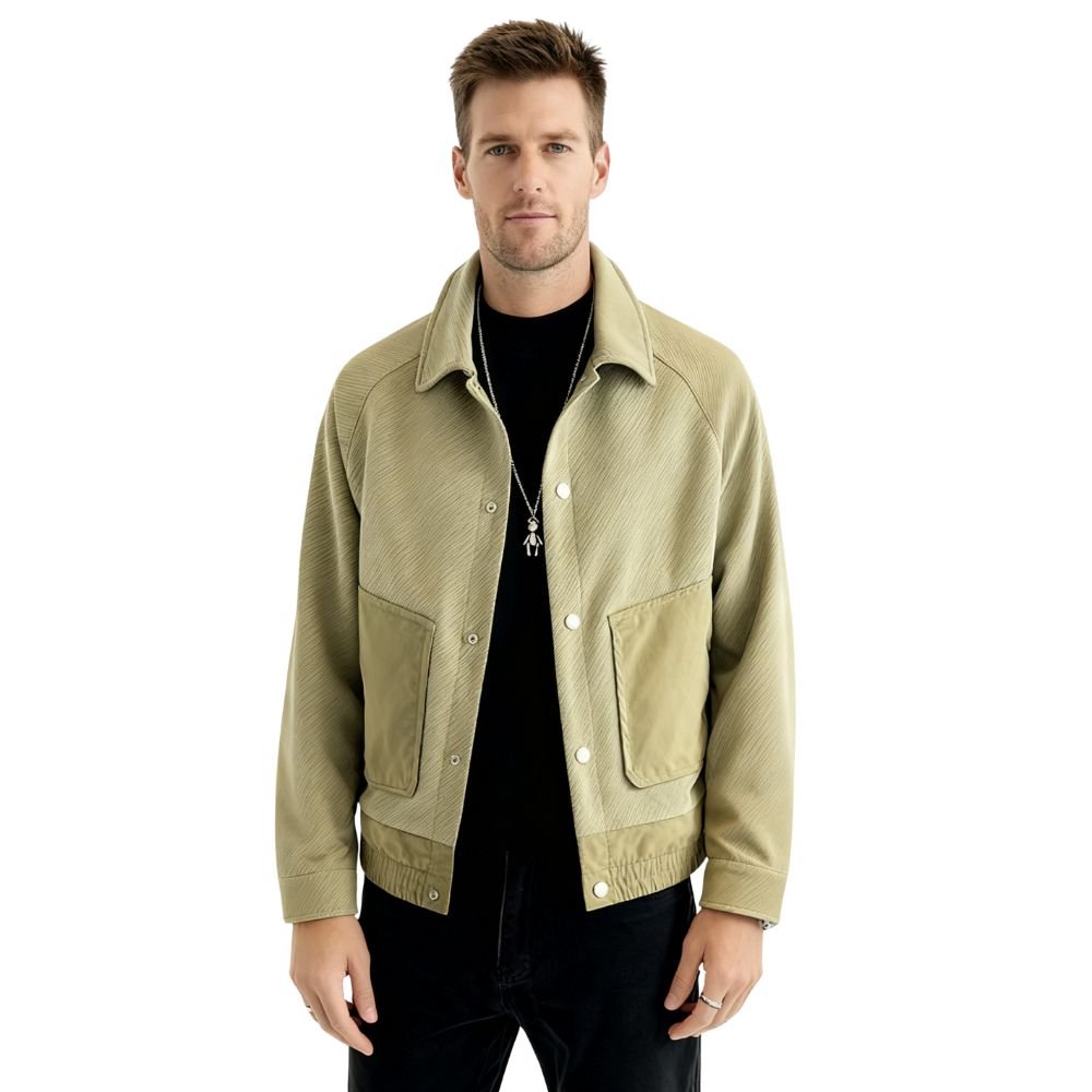 Model wearing the Kouvr Fashion Aiken corduroy shacket in khaki 