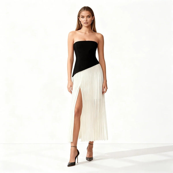 Pleated Maxi Dress Black and White Strapless Gown with Slit