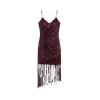 Flat lay product shot of the front of the burgundy sequin fringe dress, highlighting the V-neck and ruched detailing.