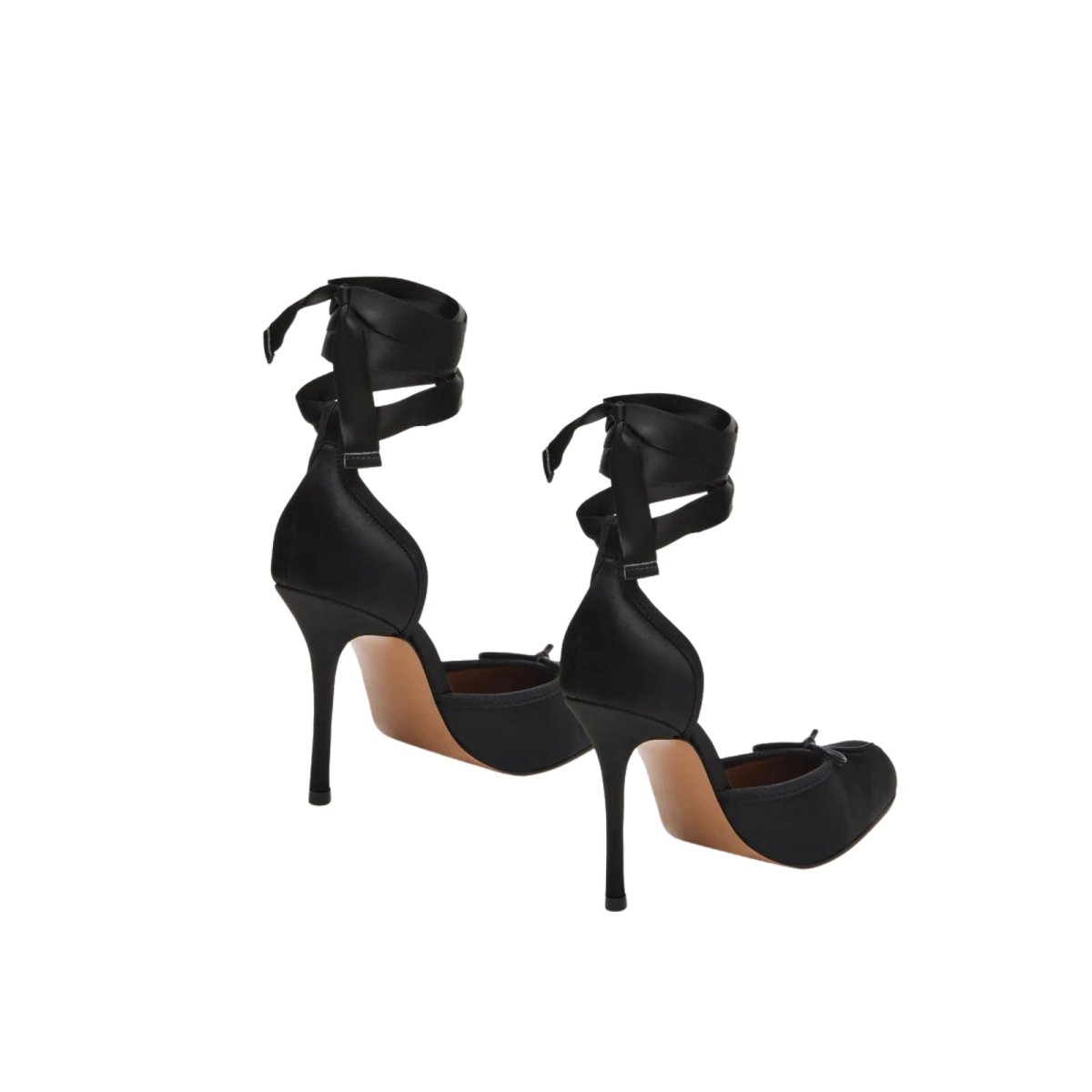 Black kouvr high-heeled shoes with ankle straps on a white background