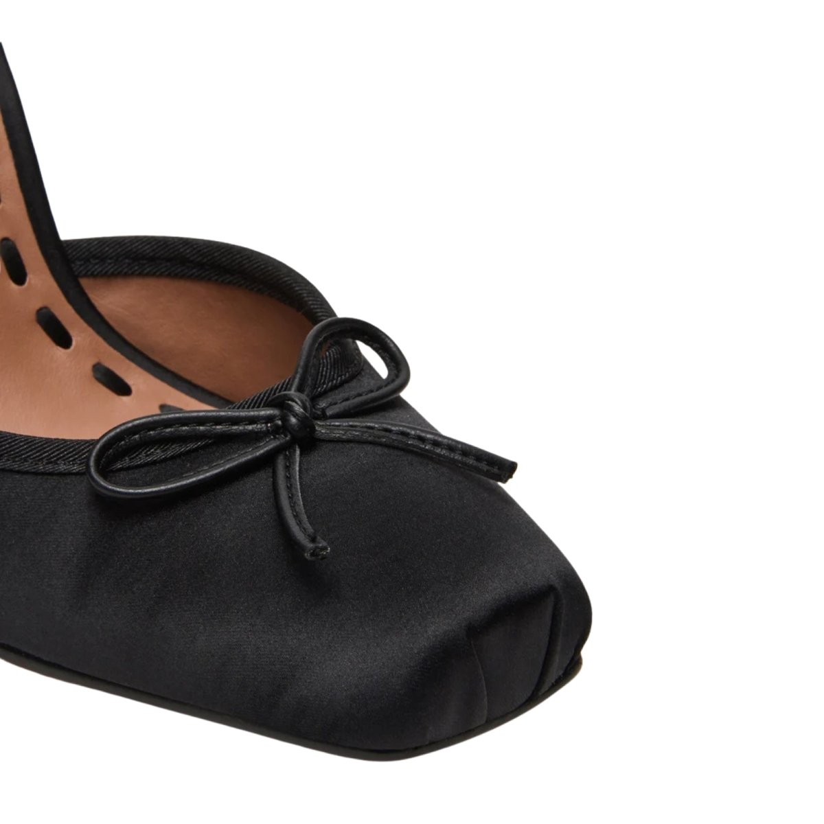 Kouvr Fashion Aubrielle black satin ballet pump with ankle wrap, side view.