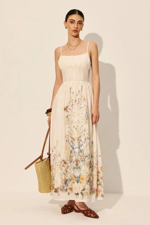 Floral Corset Maxi Dress in Ivory | Watercolor Garden Print Sundress for Wedding Guest, Vacation & Summer Party | 100% Cotton | Kouvr Fashion Floral Corset Maxi Dress in Ivory | Watercolor Garden Print Sundress for Wedding Guest, Vacation & Summer Party | 100% Cotton | Kouvr Fashion