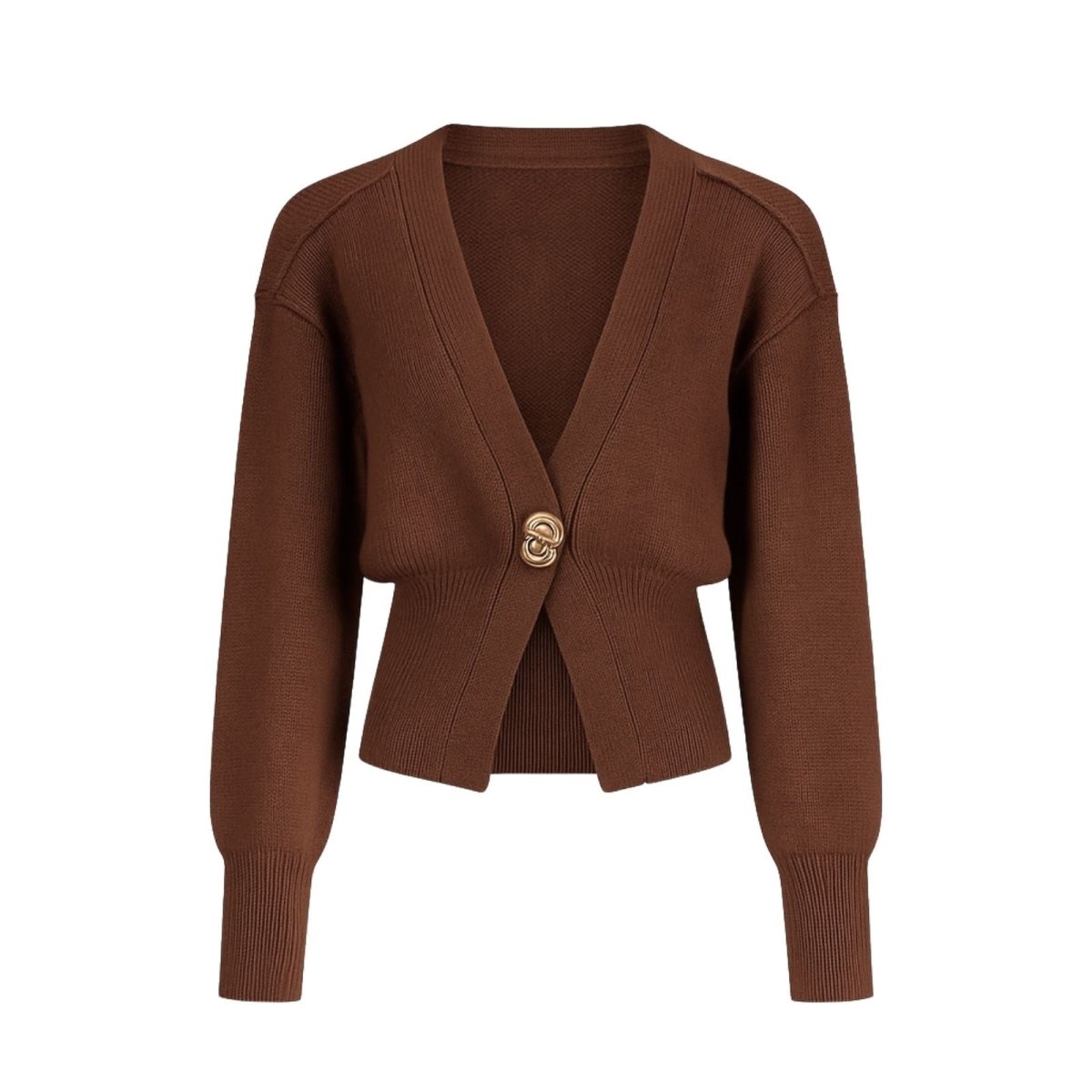 Flat lay product shot of the Kouvr Avaline single-button cropped cardigan in espresso brown.