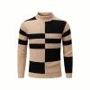 Product shot of the Kouvr Fashion men's beige and black color block turtleneck sweater on a white background.