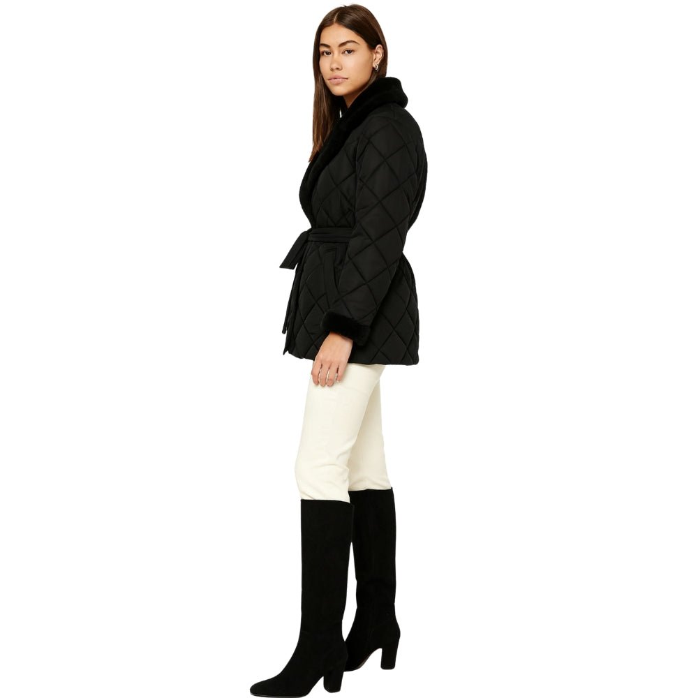 Diamond-stitch, puffer style, shawl collar, shearling trim, insulated outerwear, cold-weather essential, city coat